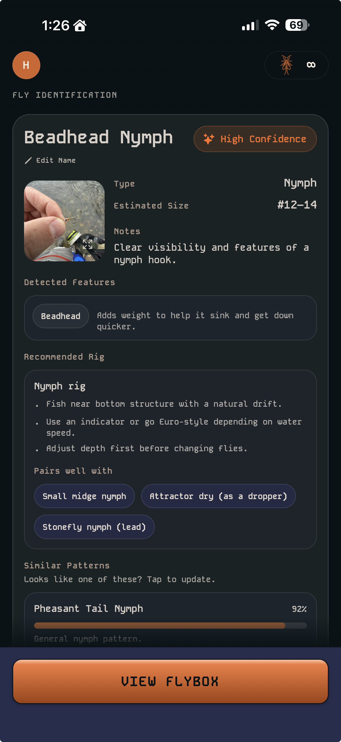HatchMatch fly identification result — pattern, size, and presentation